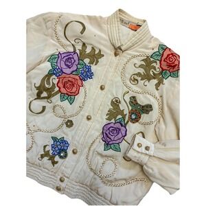 Vtg Exit Shops Jacket S Ivory Gold 100% Silk Floral Appliqué Rope Beaded *button
